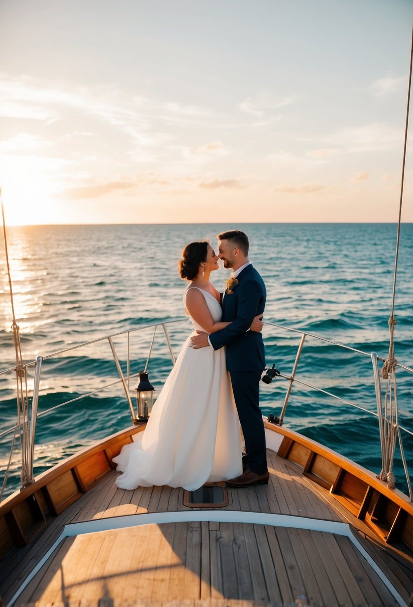 A couple stands on the deck of a sailboat, surrounded by the warm glow of a sunset. The ocean stretches out before them, creating a beautiful backdrop for their vow renewal ceremony