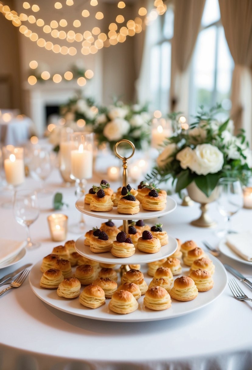 A table adorned with an array of savory puff pastry bites, surrounded by elegant wedding decor and soft lighting