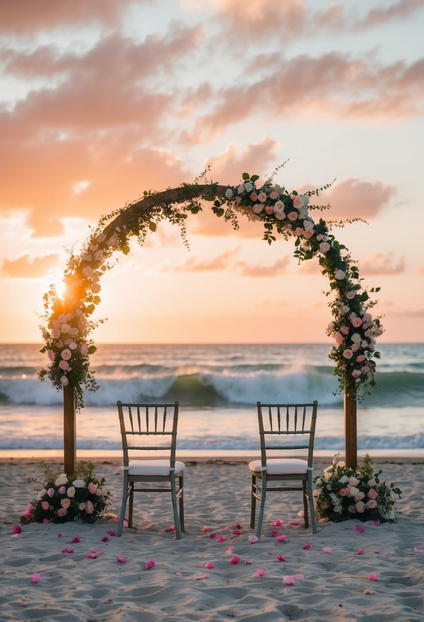 A beach at sunset with two chairs, a flower-adorned arch, and a scattering of rose petals. Waves crash gently in the background as the sky turns orange and pink