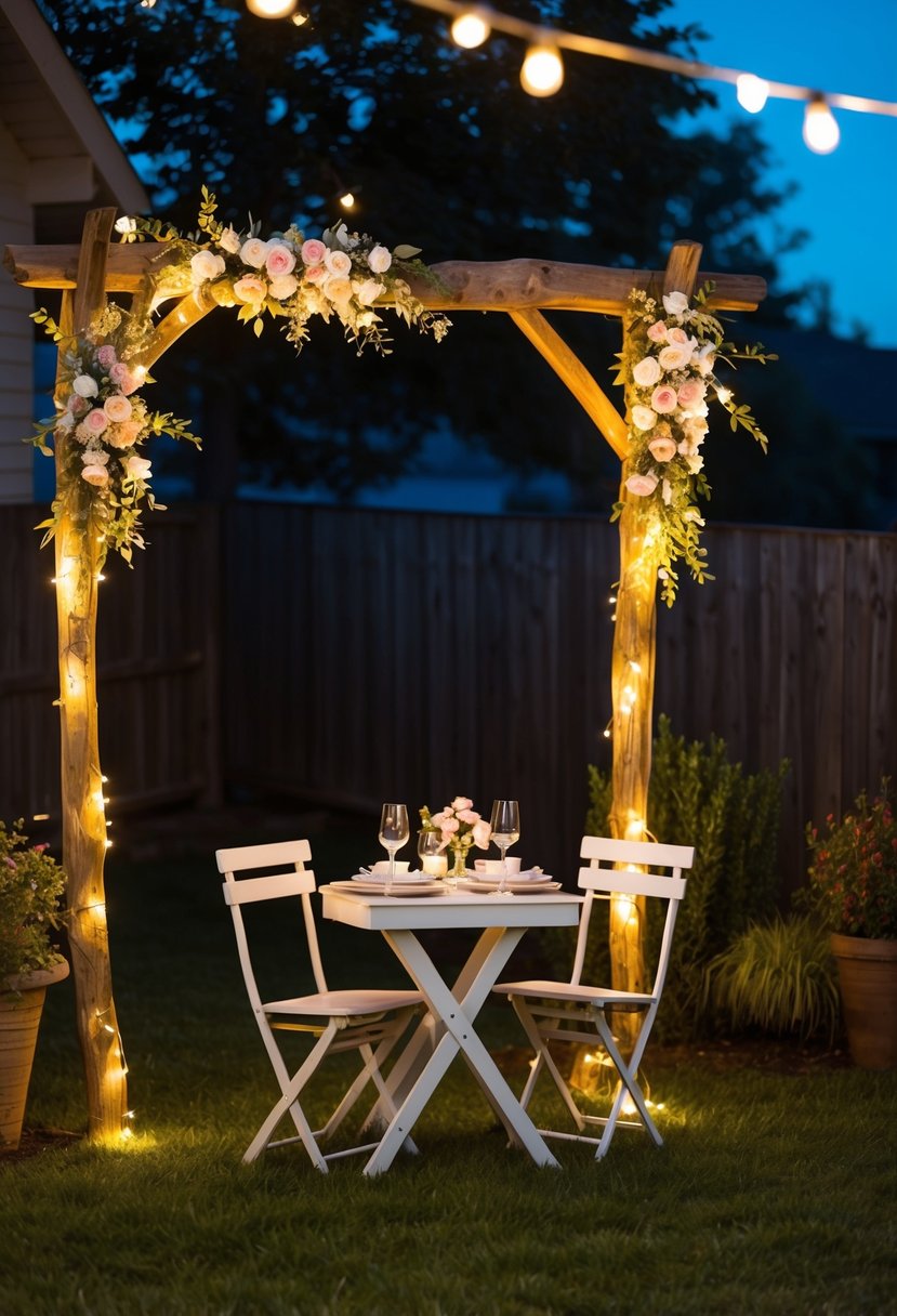 A cozy backyard with twinkling lights, a rustic wooden arch adorned with flowers, and a small table set for a romantic dinner under the stars