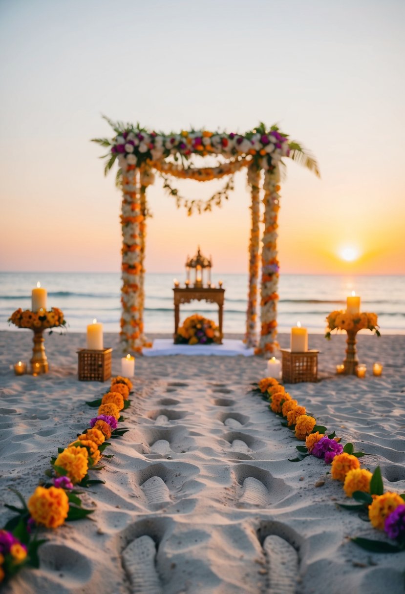 A serene beach at sunset, with two sets of footprints in the sand leading towards an intricately decorated altar adorned with flowers and candles