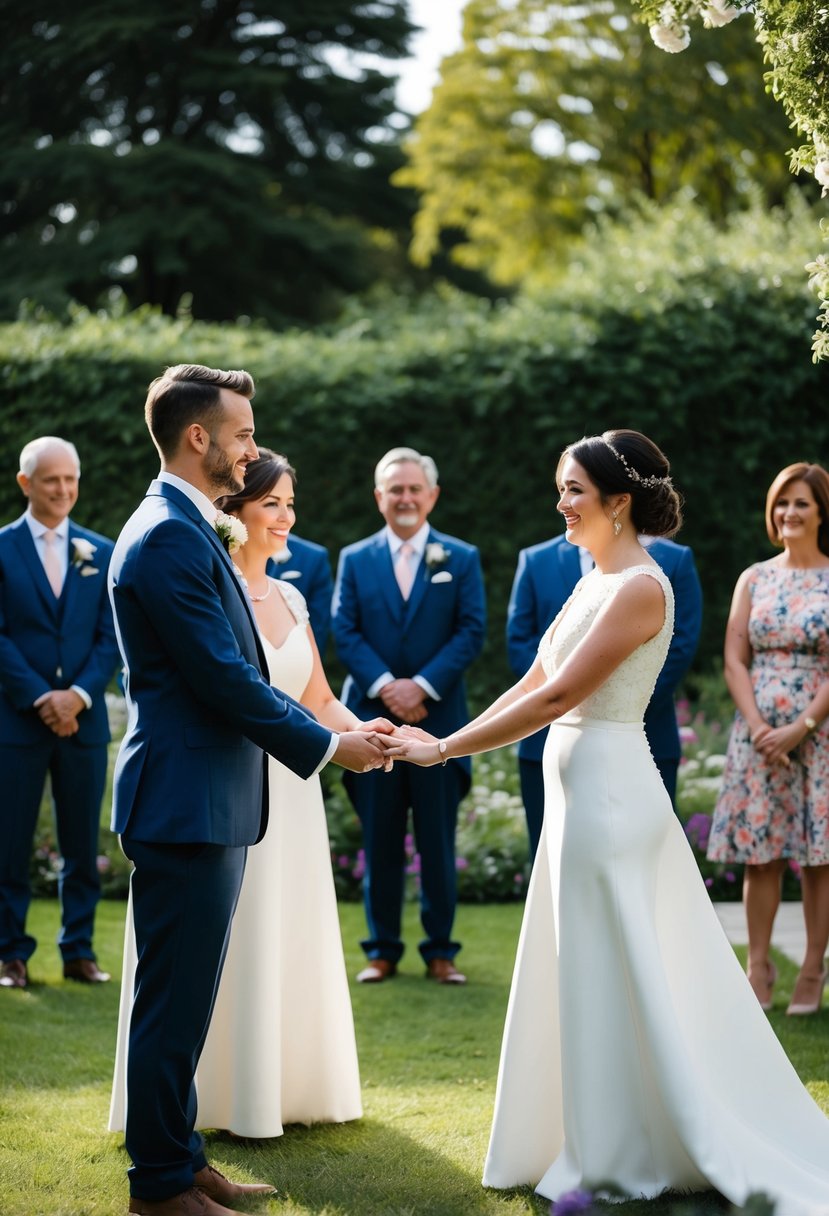 A couple stands in a garden, wearing their original wedding attire. They hold hands as they exchange vows in front of a small group of family and friends