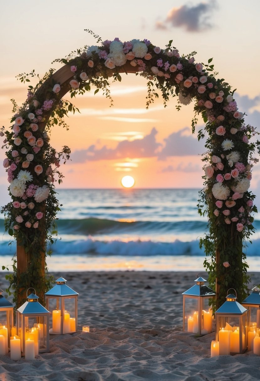 A beach at sunset with an arch adorned with flowers, surrounded by lanterns and candles. The sound of waves and soft music fills the air