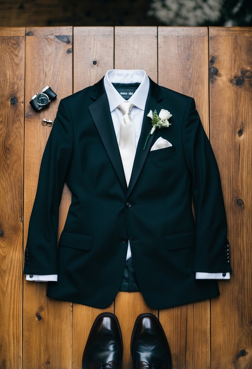 A groom's outfit laid out on a wooden table: black suit, white dress shirt, tie, cufflinks, and leather dress shoes