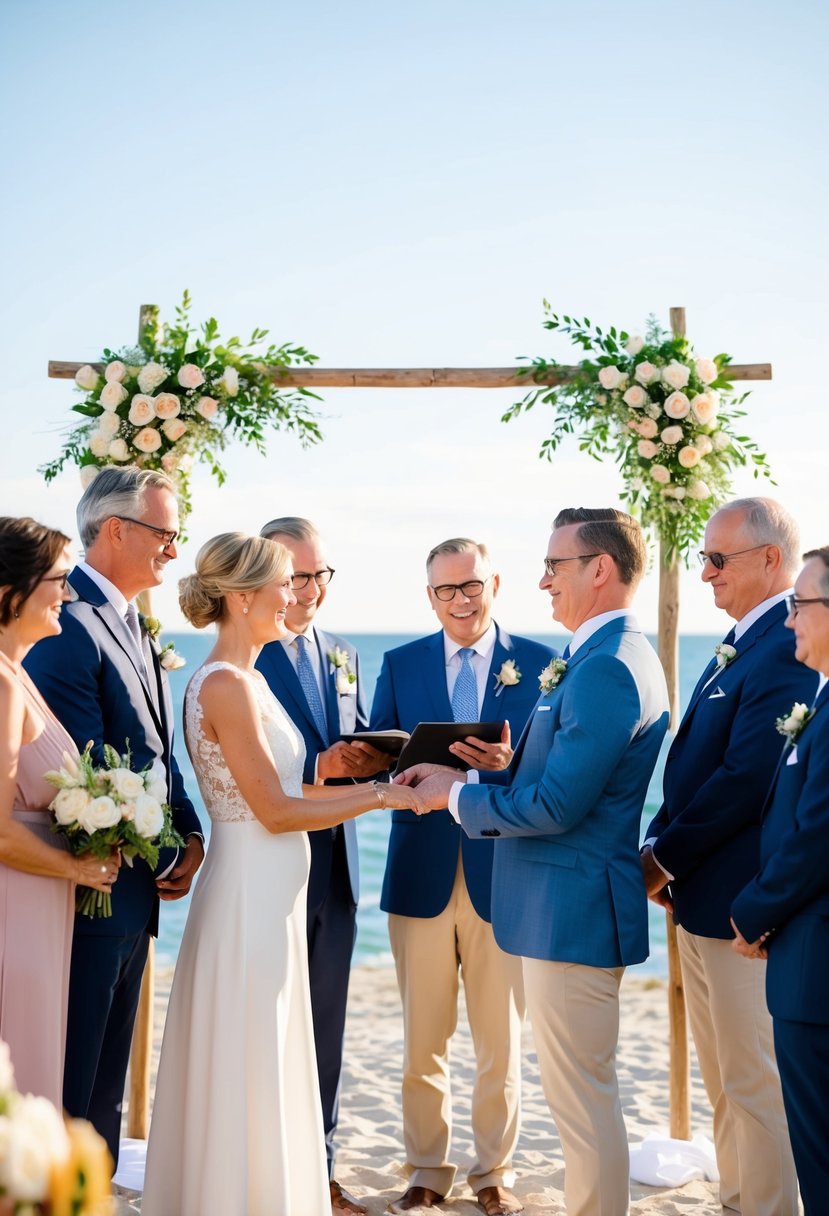 A beachside ceremony with family, exchanging vows and celebrating love with the ocean as a backdrop