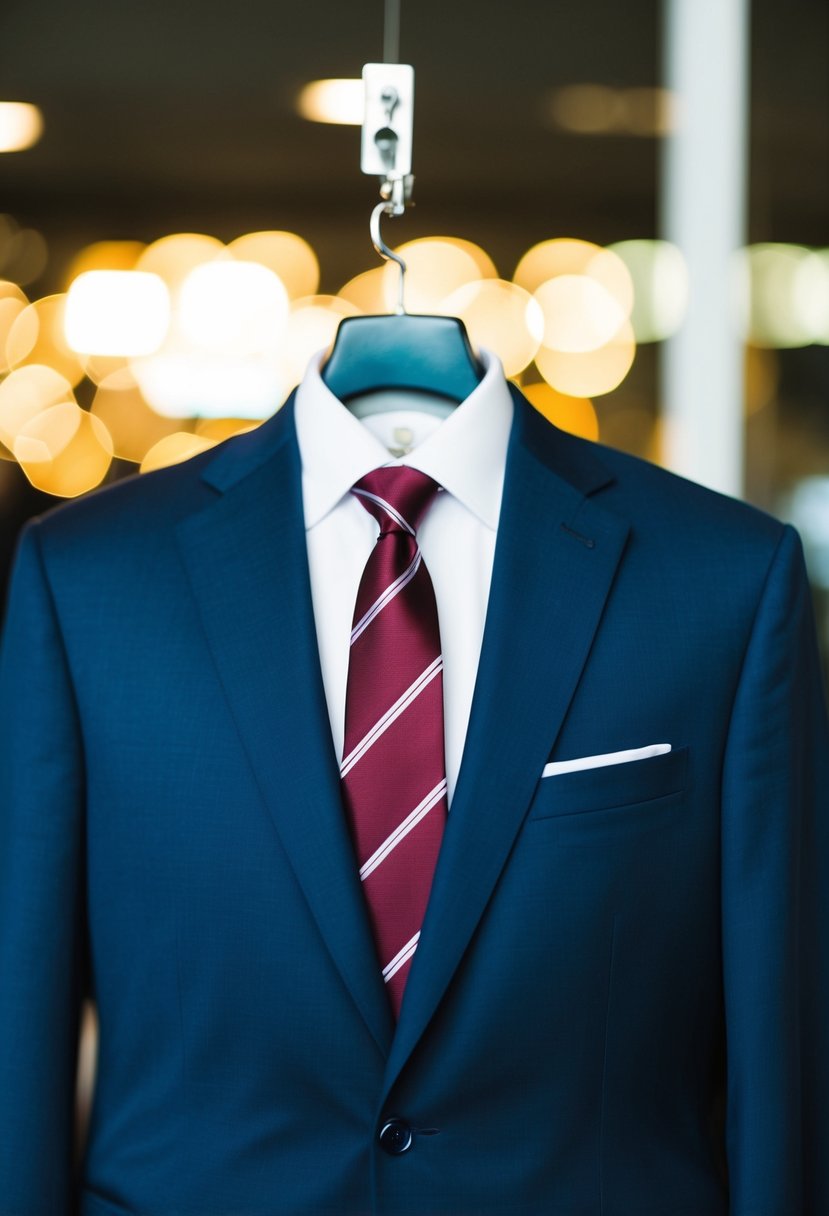 A navy suit with a white shirt and burgundy tie on a hanger