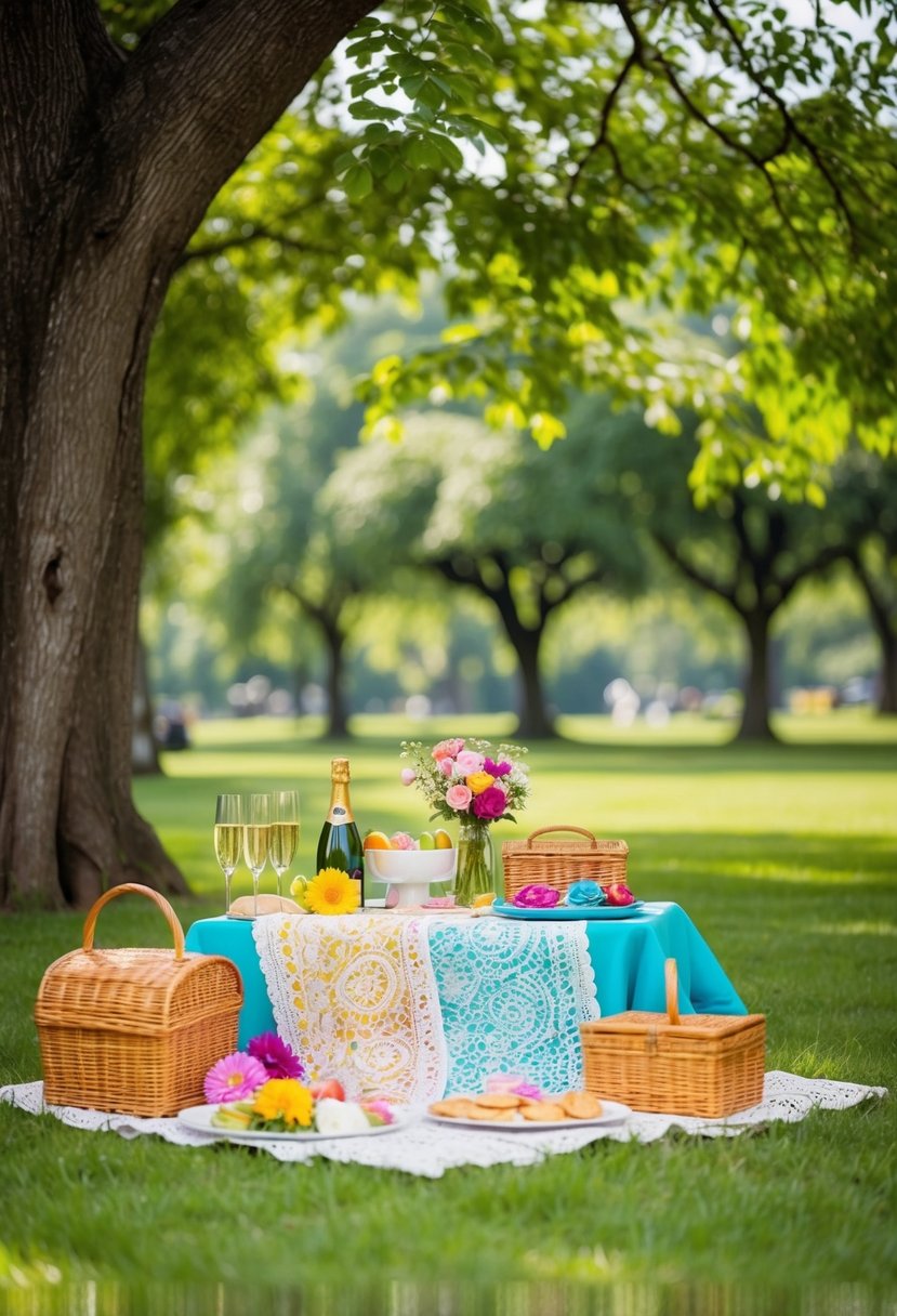 A colorful picnic spread with champagne, flowers, and a lace tablecloth set under a shady tree in a lush park