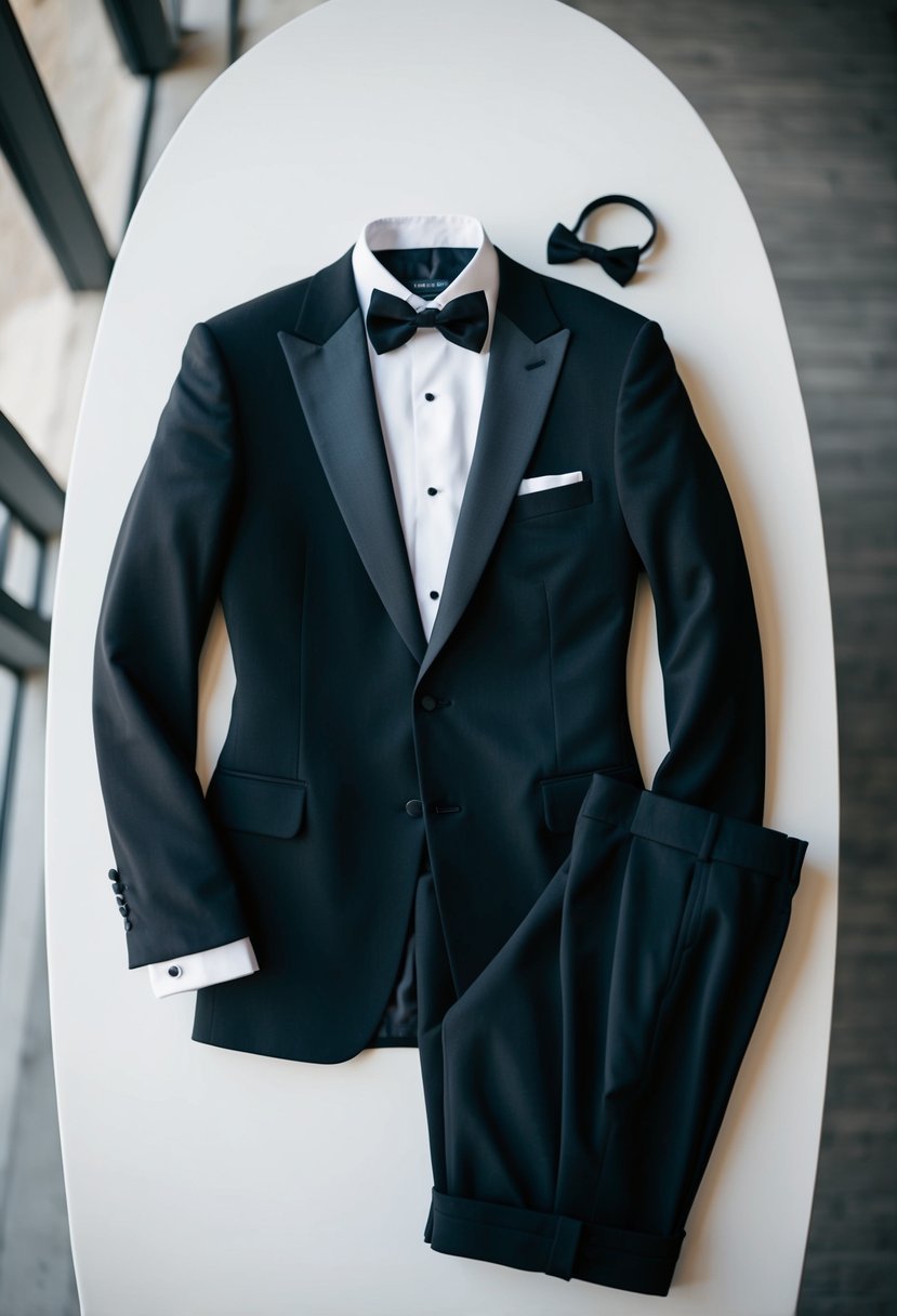 A sleek black tuxedo jacket and trousers, paired with a crisp white dress shirt and black bow tie, laid out on a clean, modern surface