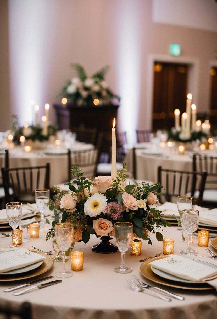 A decorated wedding table with floral centerpieces, elegant place settings, and flickering candles