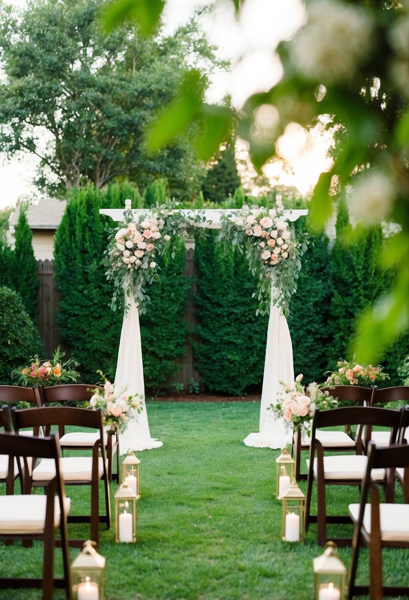 A backyard set up for a vow renewal ceremony with a decorated arch, floral arrangements, and seating for guests