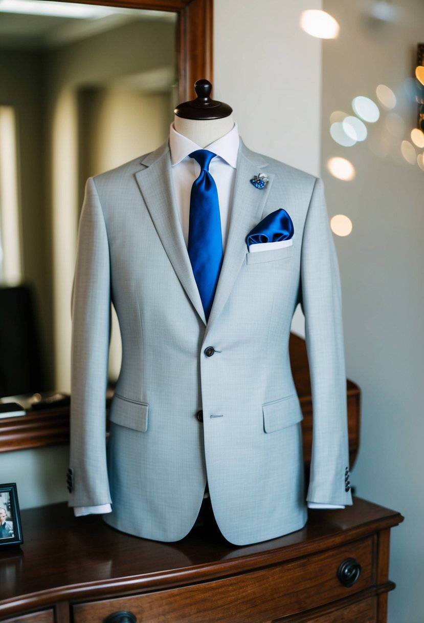 A light gray suit with a blue tie, pocket square, and cufflinks displayed on a wooden dresser