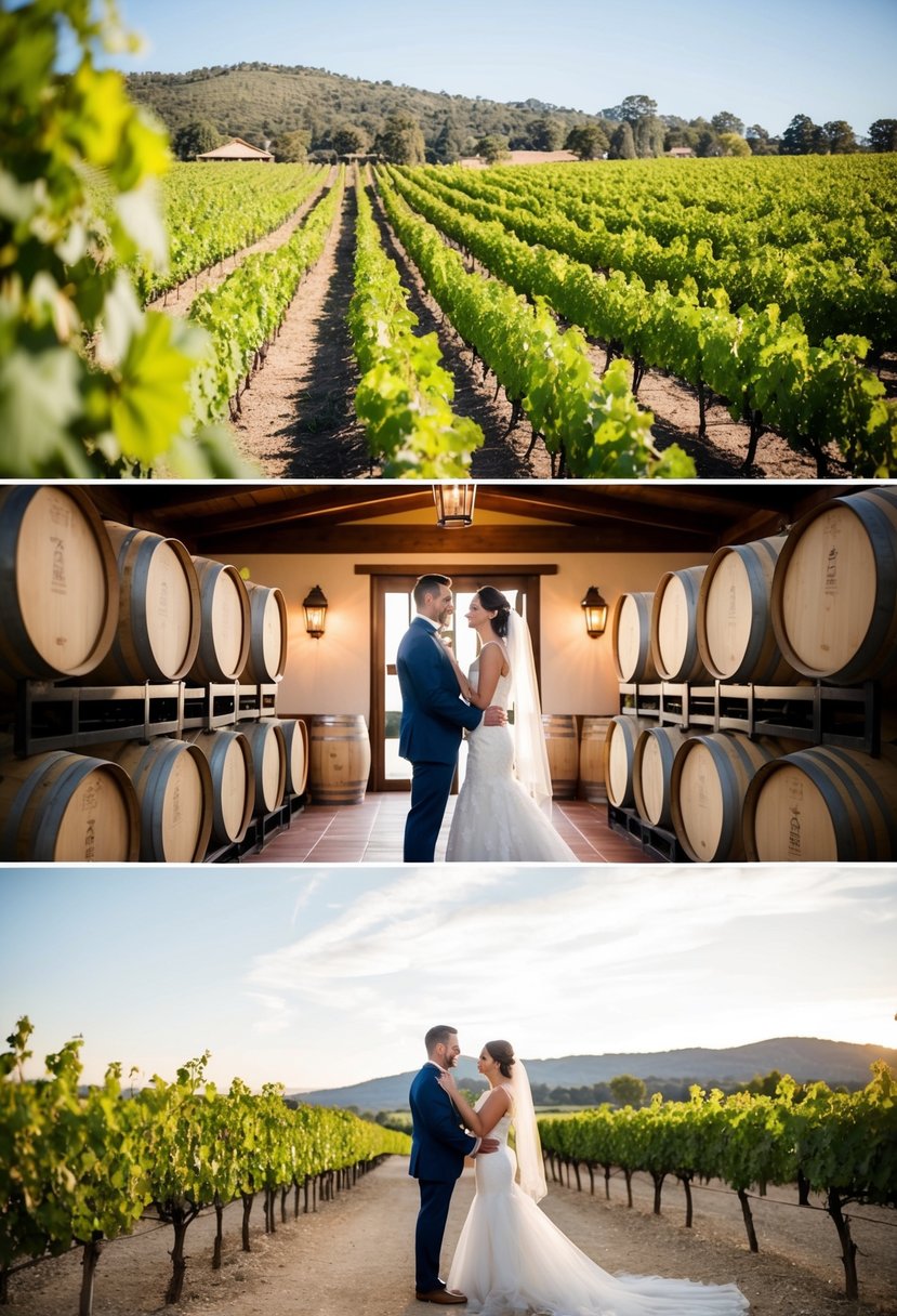 A serene winery setting with rows of grapevines, a rustic tasting room, and a couple exchanging vows in front of barrels