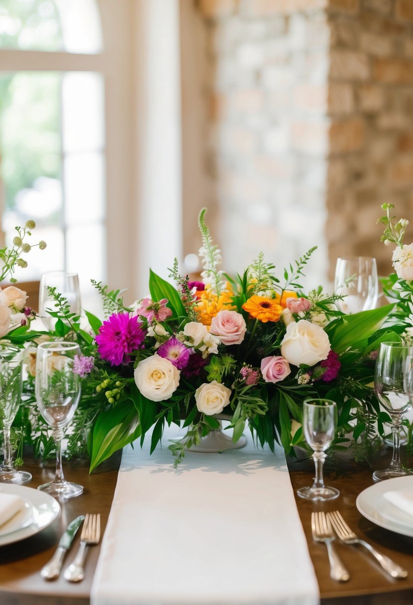 A floral runner adorns the wedding table, with vibrant blooms and lush greenery creating a romantic and elegant atmosphere for the Mr and Mrs