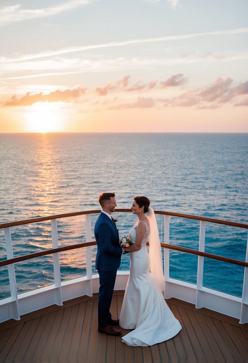 A couple stands on the deck of a cruise ship, surrounded by the sparkling ocean and a beautiful sunset as they exchange vows