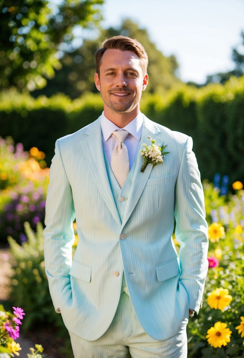 A groom in a light seersucker suit stands in a sunny garden, surrounded by colorful flowers and greenery. He wears a matching tie and a boutonniere, exuding a relaxed yet elegant summer wedding vibe