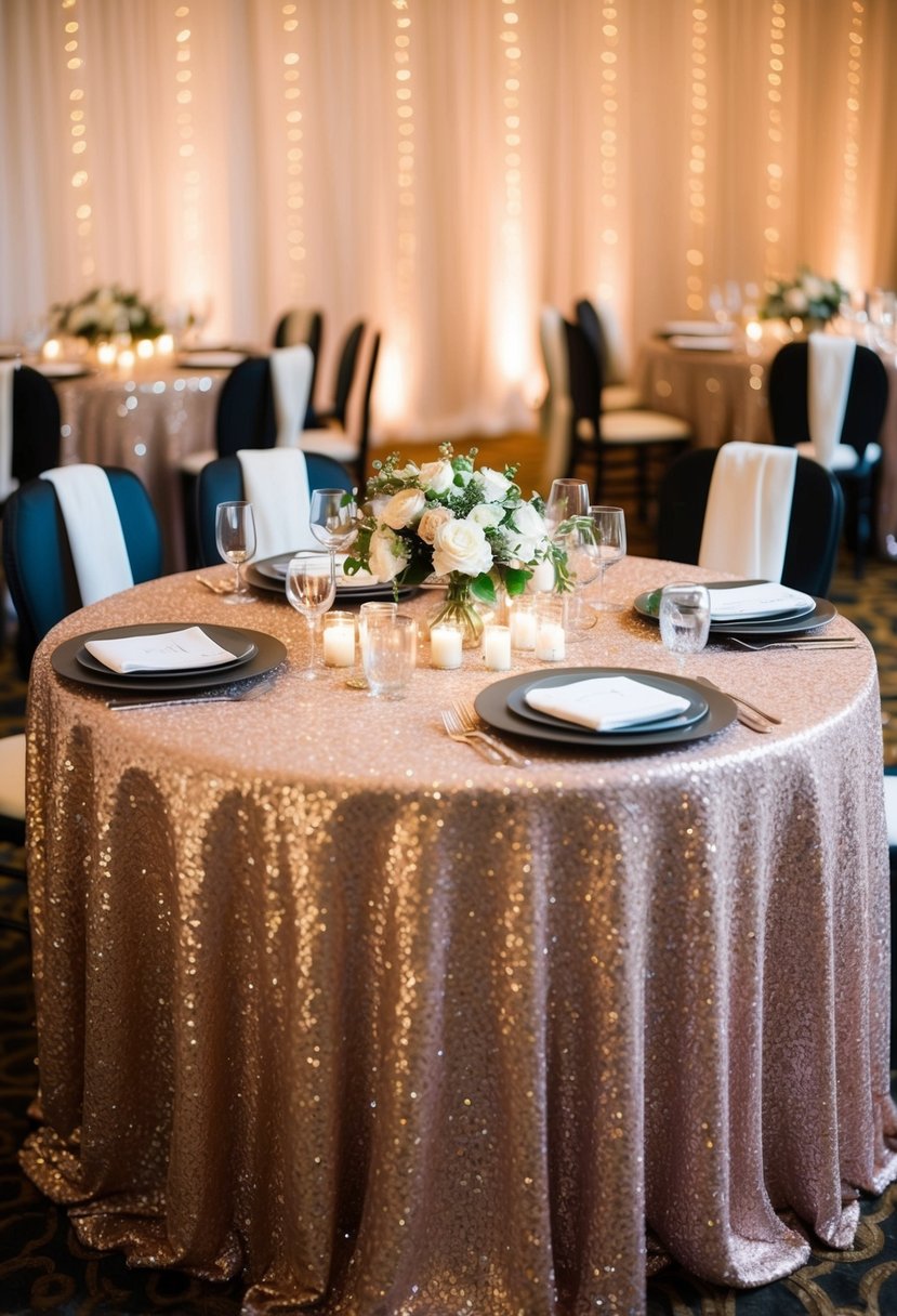 A round table with a sequin tablecloth sparkles under soft lighting, set for a Mr. and Mrs. wedding celebration