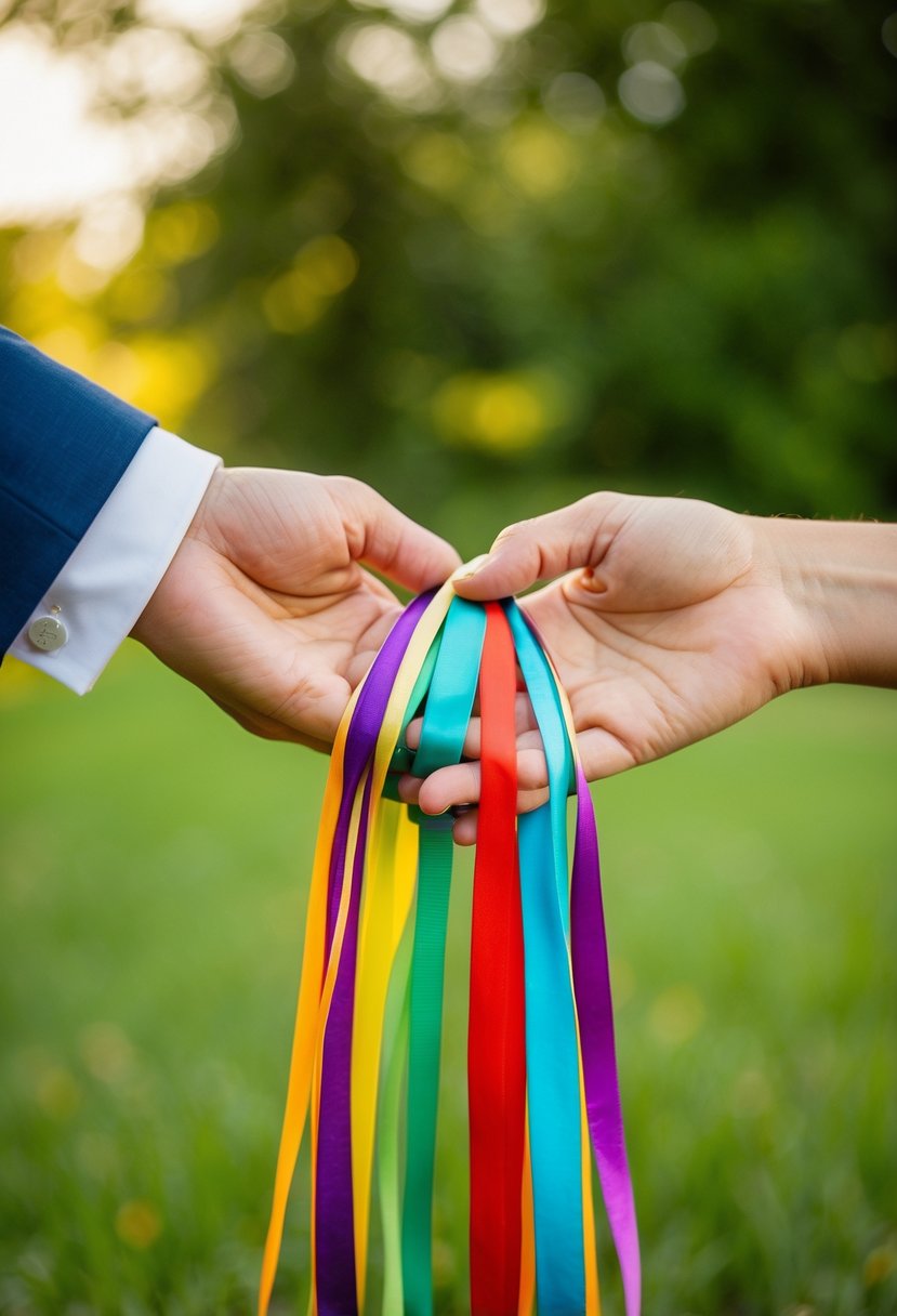 A couple's hands are bound together with colorful ribbons, symbolizing their renewed commitment and unity in a beautiful outdoor setting