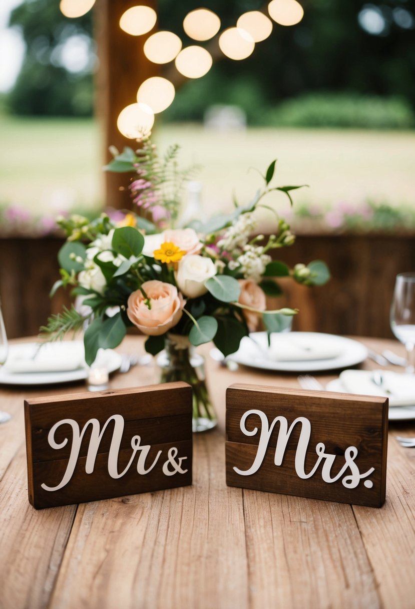 Two wooden 'Mr. & Mrs.' signs placed on a rustic wedding table with floral decor