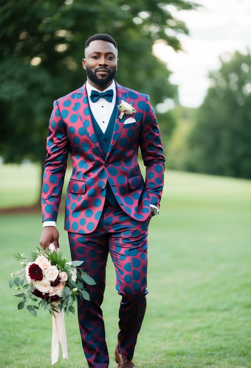 A dapper man in a bold patterned suit, standing confidently with a bouquet in hand at a wedding