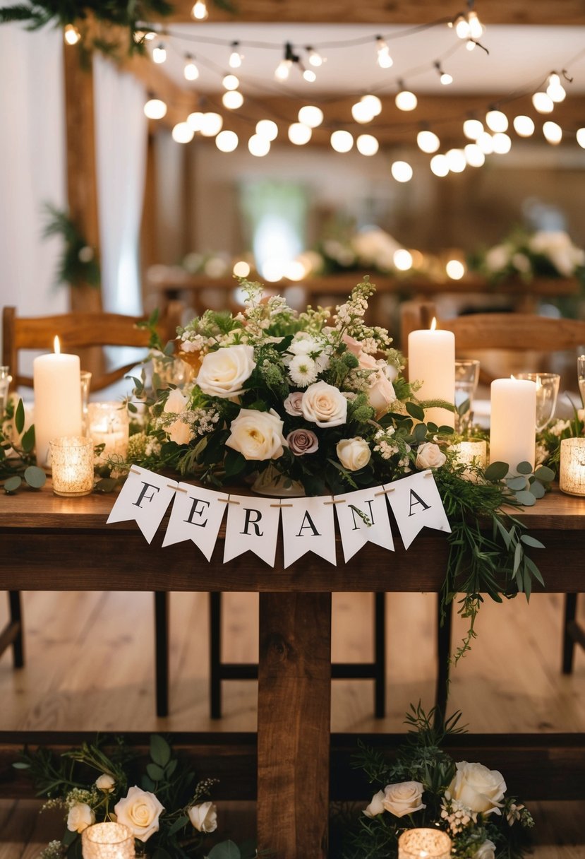 A rustic wooden table adorned with personalized banner, surrounded by elegant floral arrangements and flickering candles