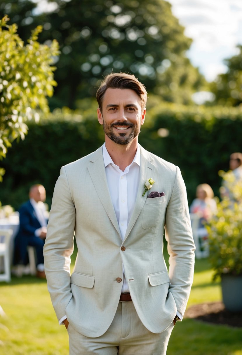 A man in a casual linen suit stands in a garden with a relaxed, outdoor wedding atmosphere