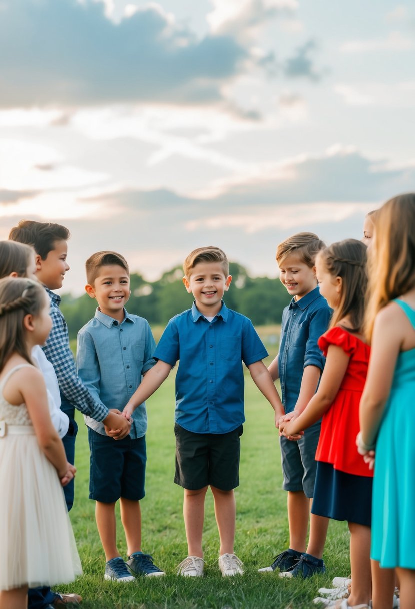 A group of children standing in a circle, holding hands and smiling, as they participate in a wedding vow renewal ceremony