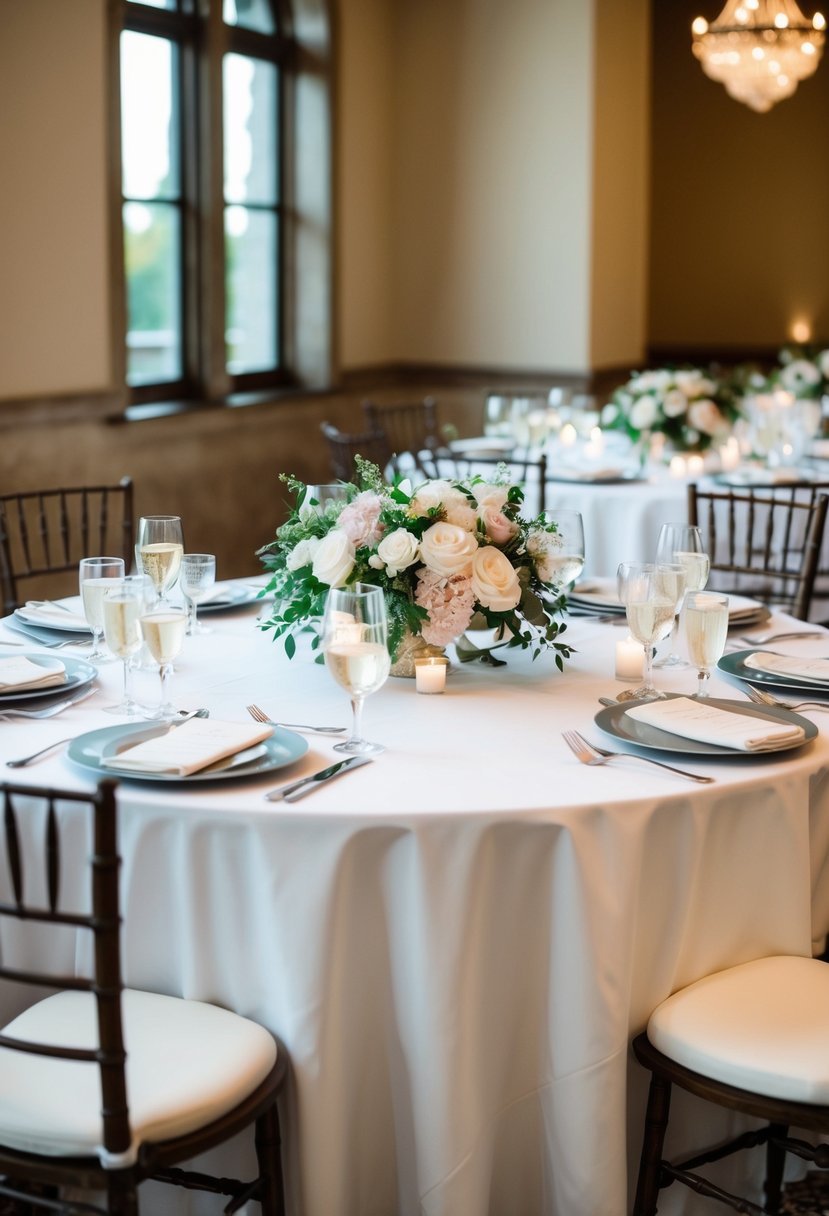 A round table set with short floral centerpieces in soft colors, creating an intimate and romantic atmosphere for Mr. and Mrs. wedding table