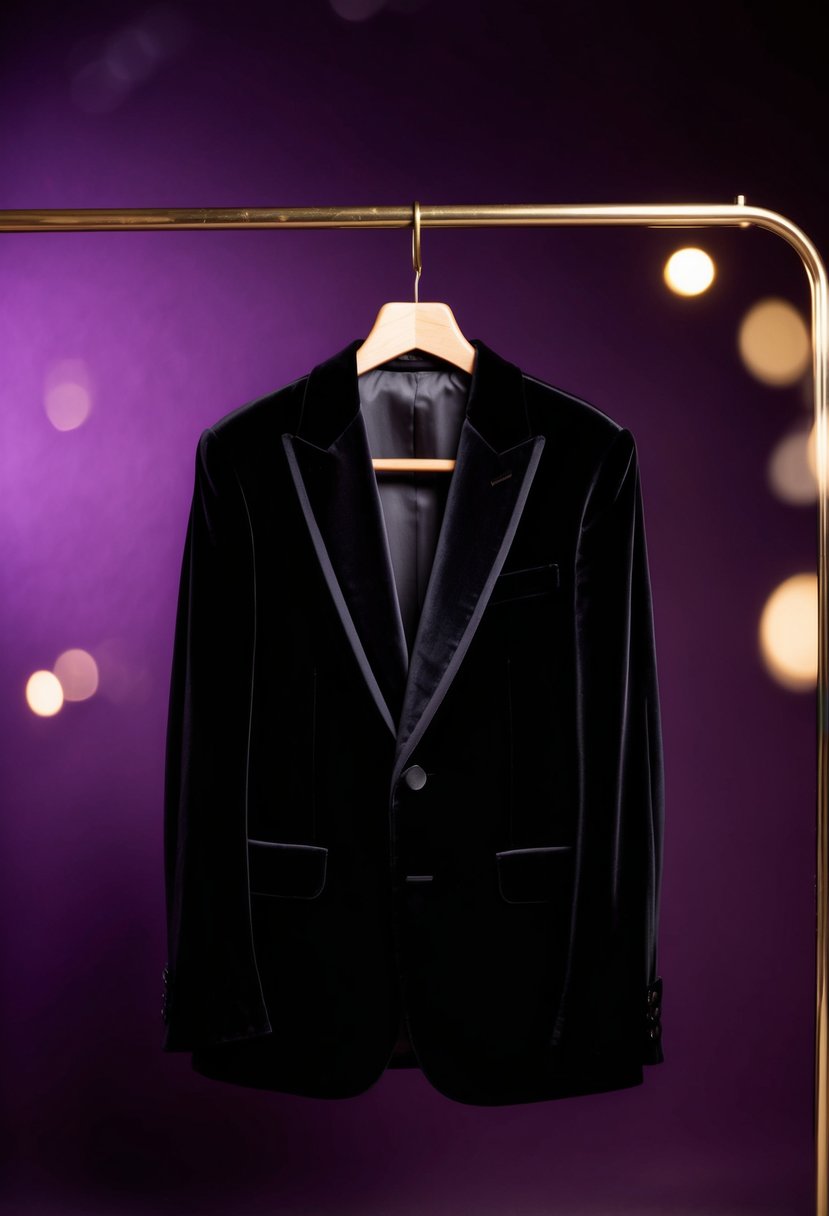 A sleek black velvet jacket hangs on a golden hanger against a deep purple backdrop, with soft lighting highlighting its luxurious texture