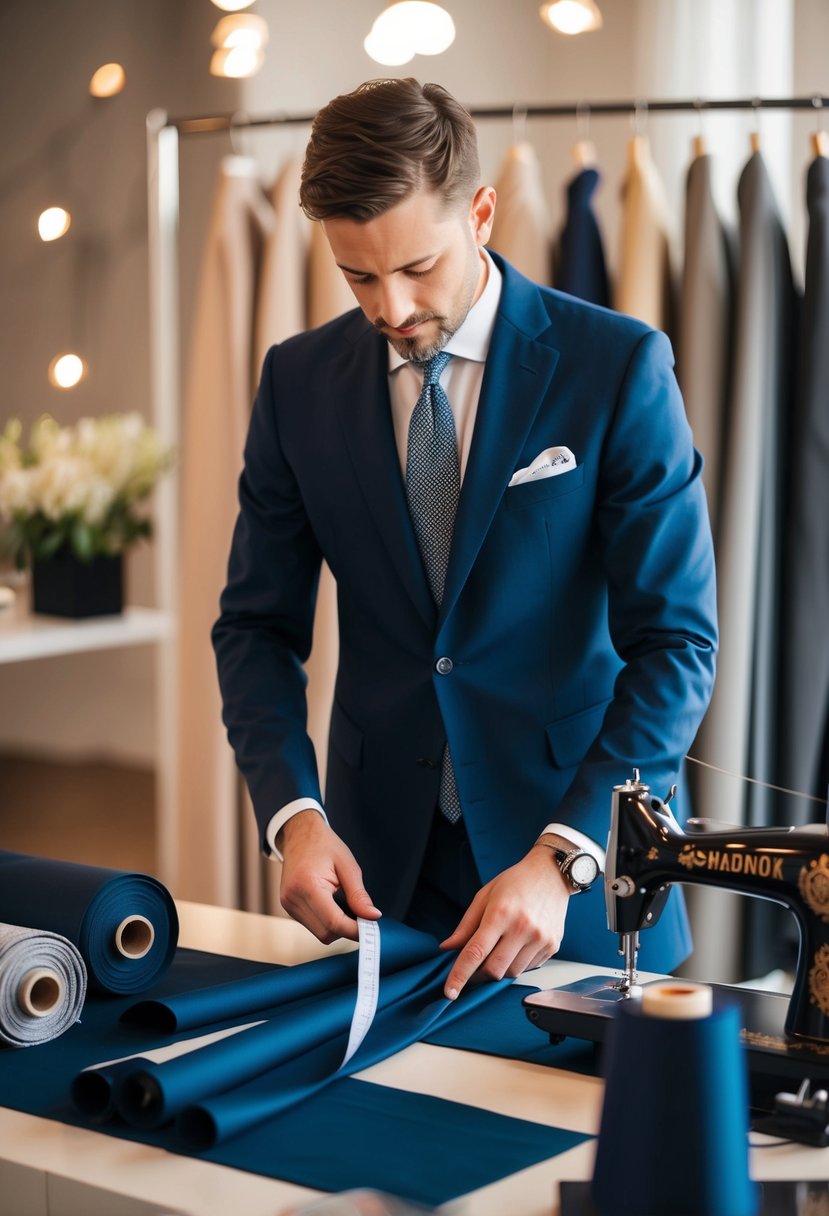 A tailor carefully measures and cuts fabric for a custom-tailored suit, surrounded by rolls of luxurious material and a sewing machine