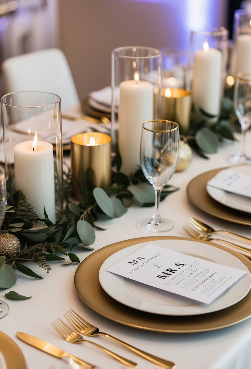 A sleek, gold matte table setting with modern decor and elegant details for a Mr. and Mrs. wedding reception