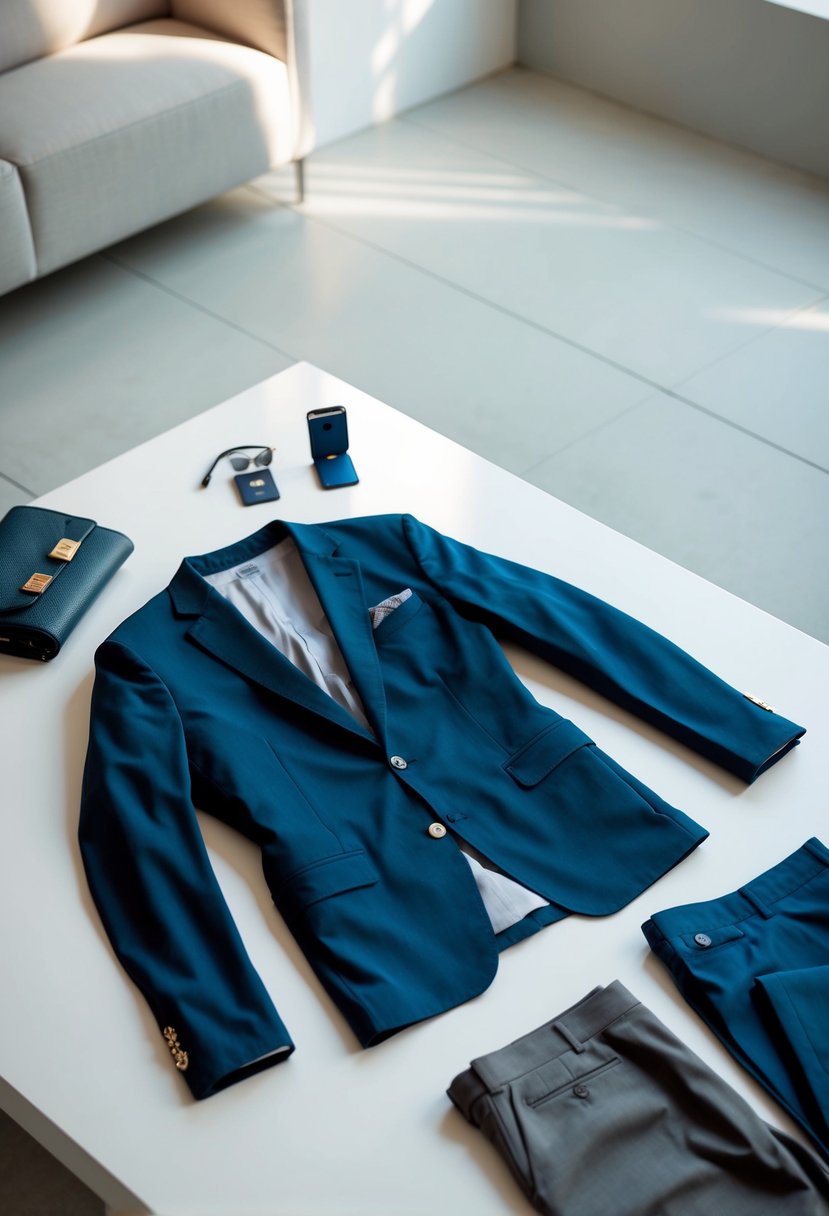 A stylish blazer and chinos laid out on a clean, modern surface, with coordinating accessories nearby