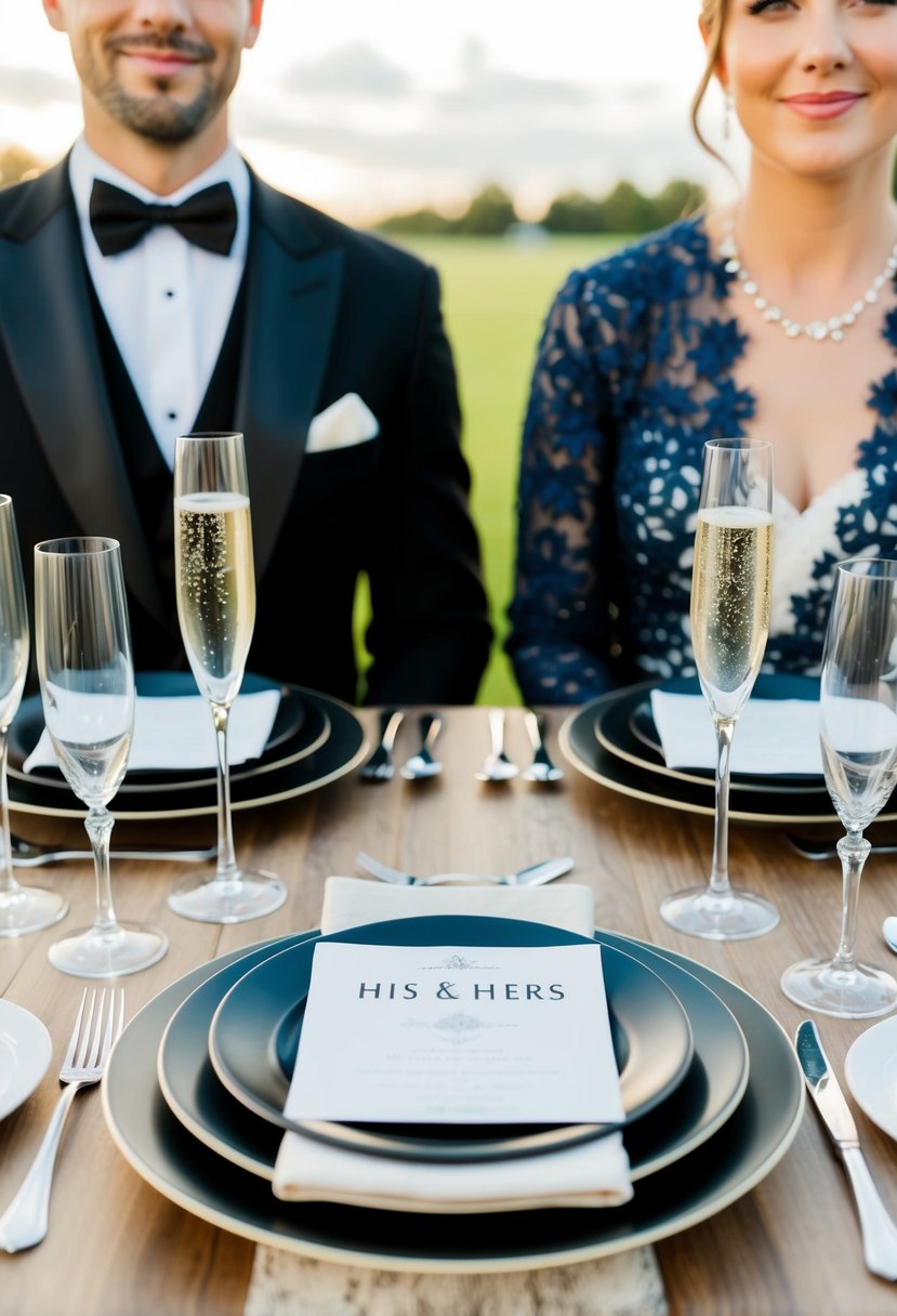 A wedding table set with 'his and hers' elements: a sleek black suit jacket and a delicate lace dress, paired with matching champagne flutes and place settings