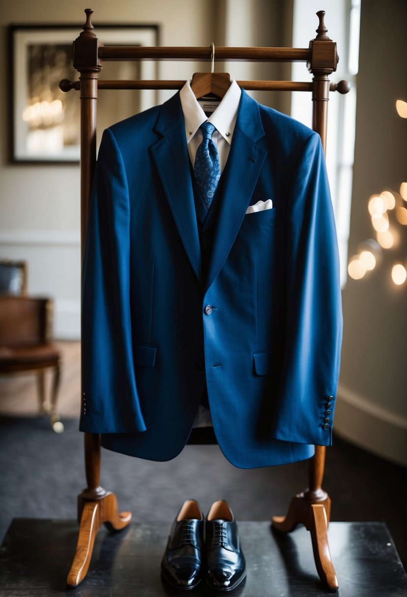 A three-piece suit with a waistcoat hangs on a vintage wooden coat rack, surrounded by polished dress shoes and a silk tie