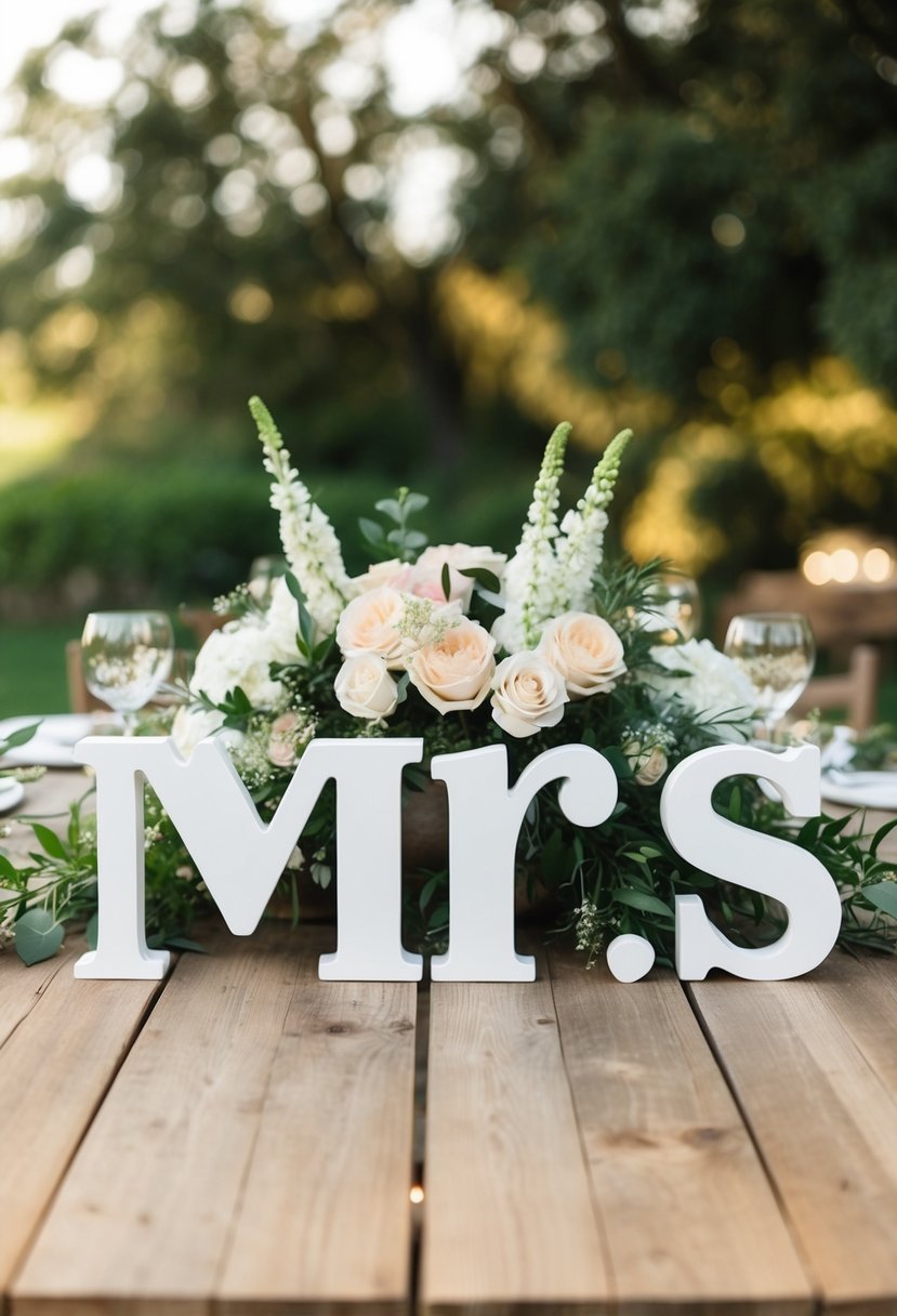 A rustic wooden table with two freestanding letter signs, one reading "Mr" and the other "Mrs", surrounded by elegant floral centerpieces