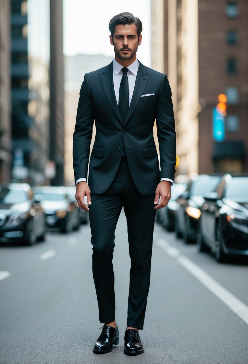 A sleek, all-black suit with a crisp white shirt and black tie, paired with polished black dress shoes