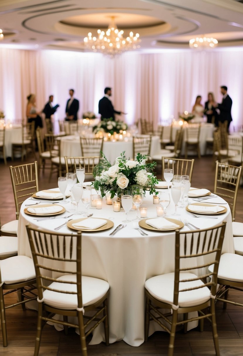 A round wedding table with low floral centerpieces, surrounded by elegant chairs, set for a Mr and Mrs, creating an intimate and conversational atmosphere