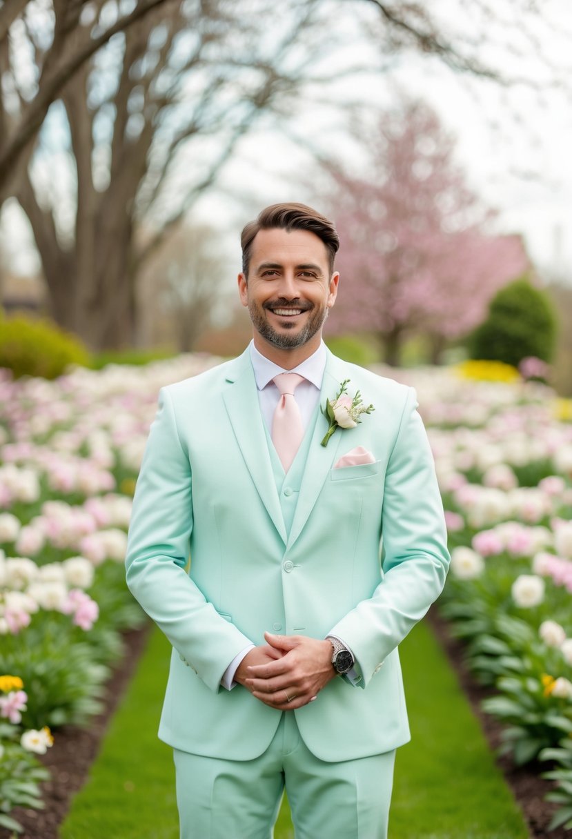 A groom in a pastel-colored suit stands in a blooming garden at a spring wedding