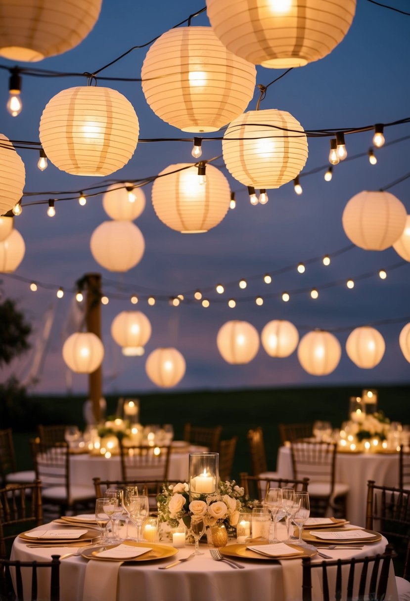 Paper lanterns and string lights dangle above a beautifully decorated wedding table for Mr. and Mrs. A warm and romantic atmosphere fills the air