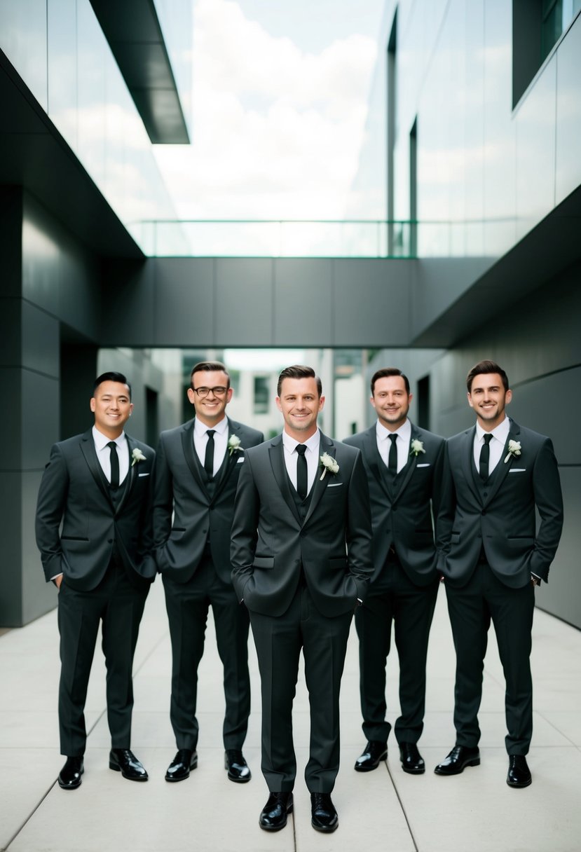 A groom and groomsmen wearing monochrome suits and ties, standing in a modern urban setting with sleek architecture and minimalistic decor