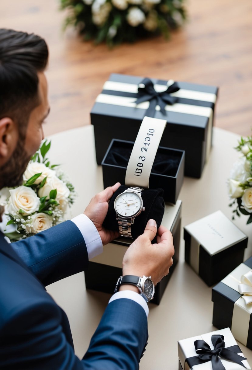 A man receiving a personalized watch engraved with his wedding date, surrounded by elegant gift boxes and a bouquet of flowers