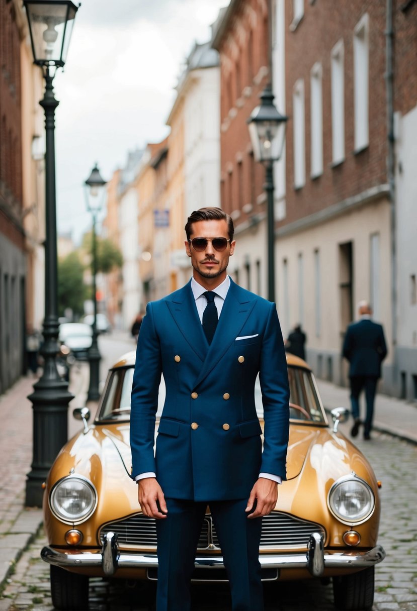 A man in a double-breasted suit stands in front of a vintage car, surrounded by antique street lamps and cobblestone streets