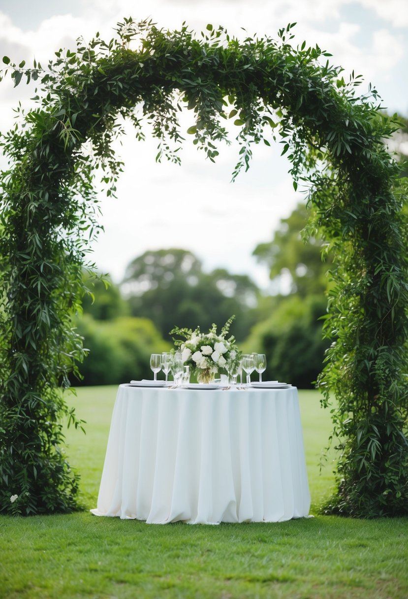 A lush green arch frames the wedding table, creating a natural canopy of foliage