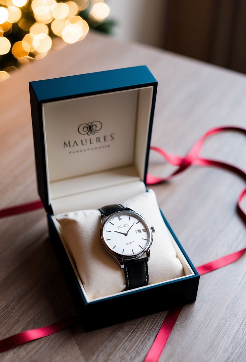 A sleek wristwatch with a personalized engraving, presented in an elegant gift box