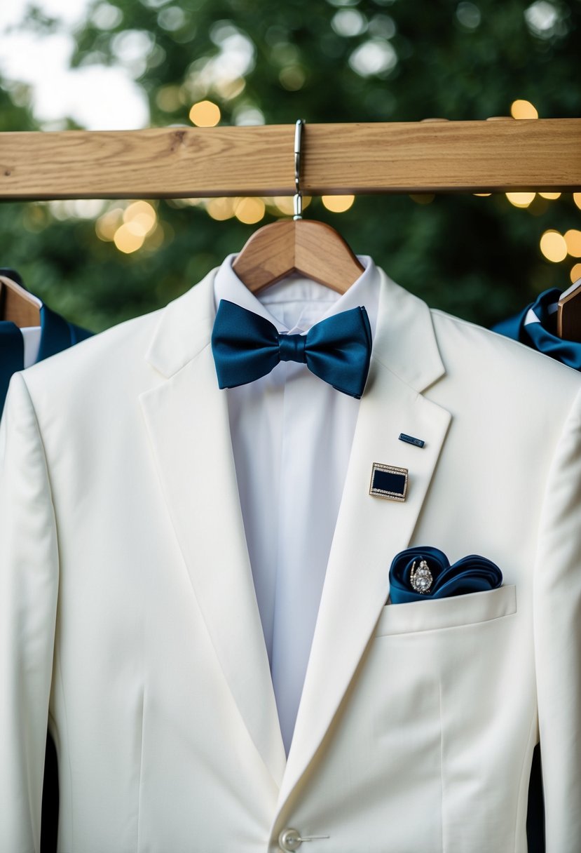 A white dinner jacket hanging on a wooden hanger, surrounded by a selection of formal accessories such as cufflinks, a bow tie, and a pocket square