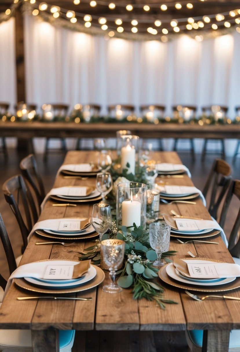 A rustic wooden table adorned with mixed metallic decor for a Mr. and Mrs. wedding setting