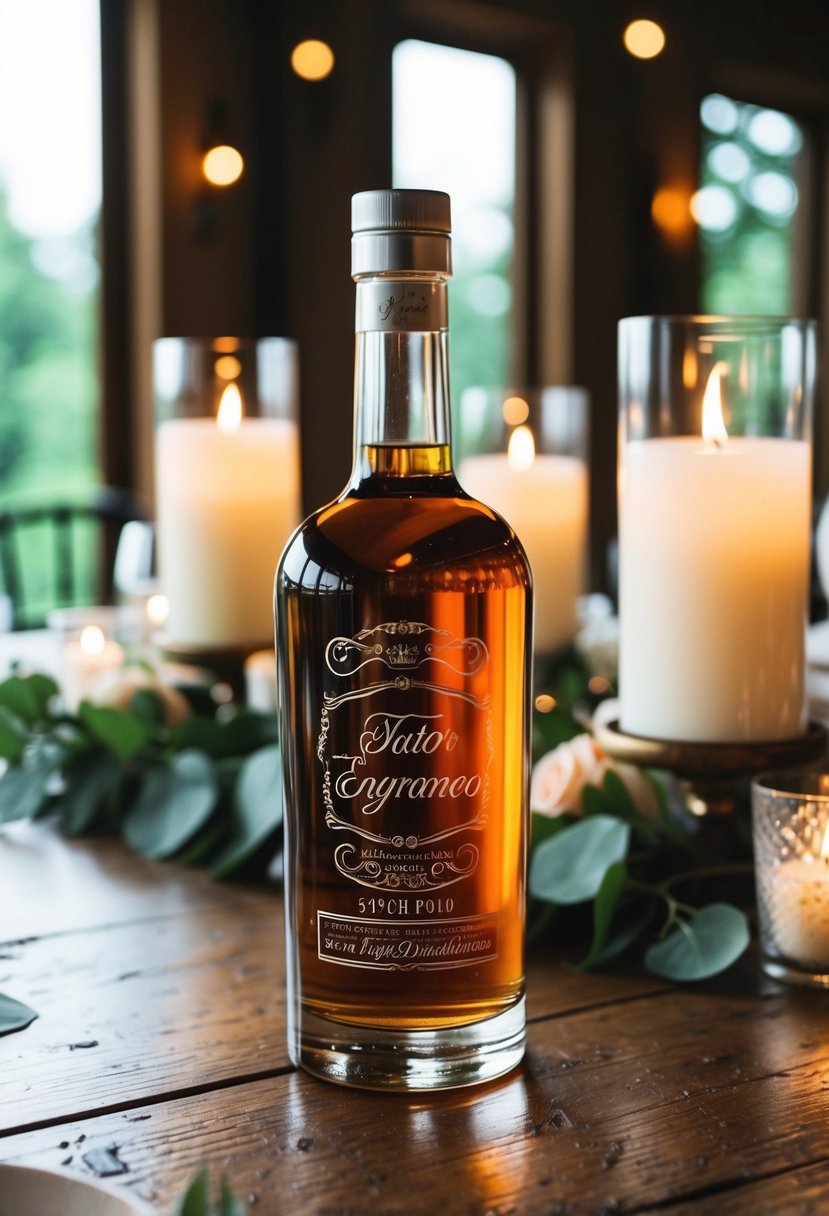 A sleek, custom-engraved liquor bottle sits on a rustic wooden table, surrounded by elegant wedding decor and soft candlelight