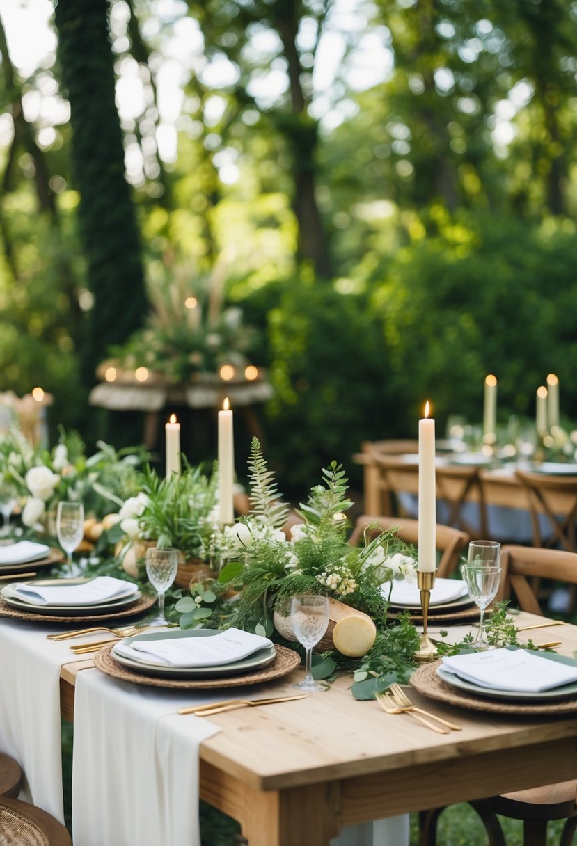 An elegant wedding table set with sustainable, eco-friendly decor, featuring natural elements and reusable materials