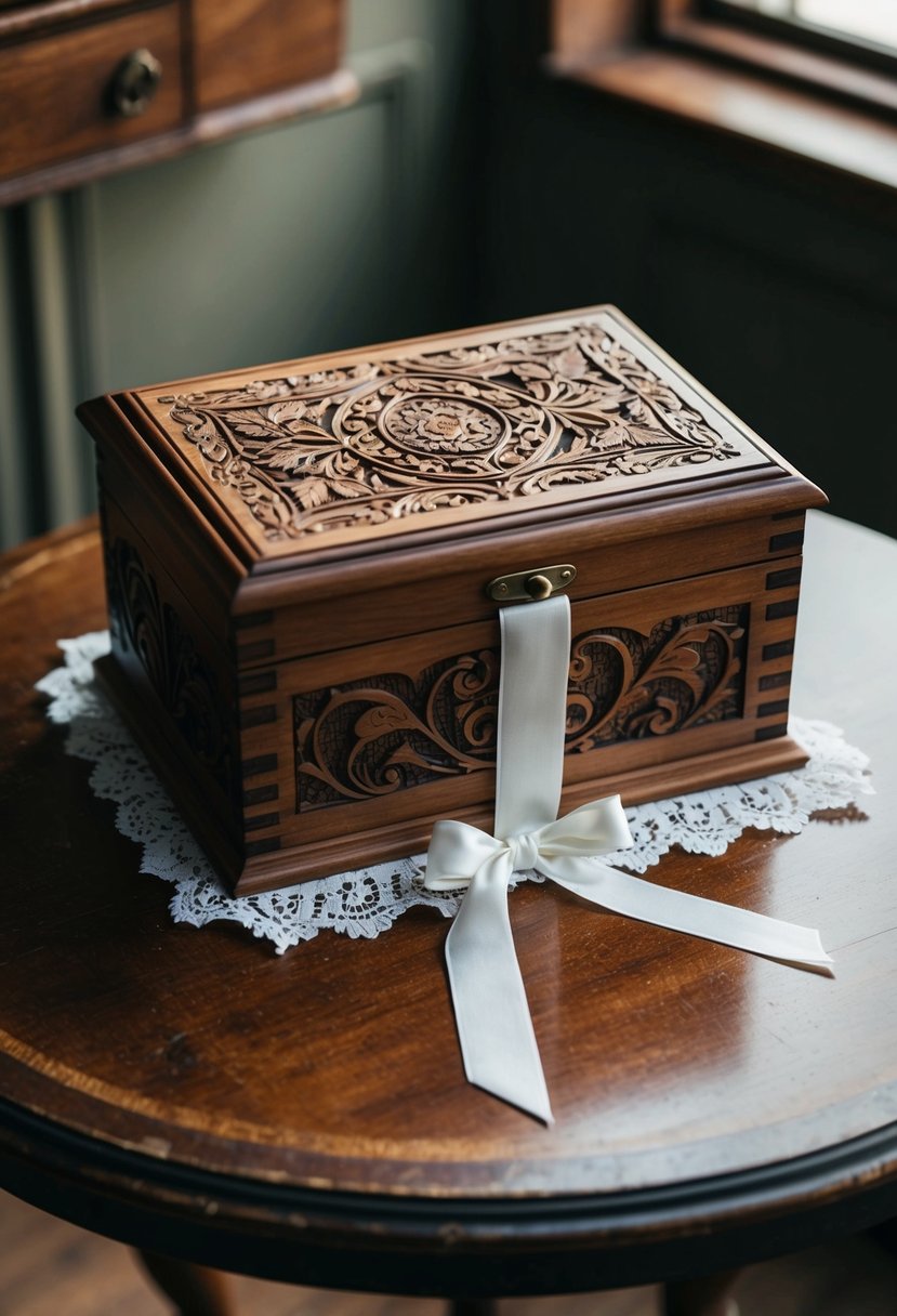 A wooden keepsake box with intricate carvings, adorned with delicate lace and satin ribbon, sits on a vintage table