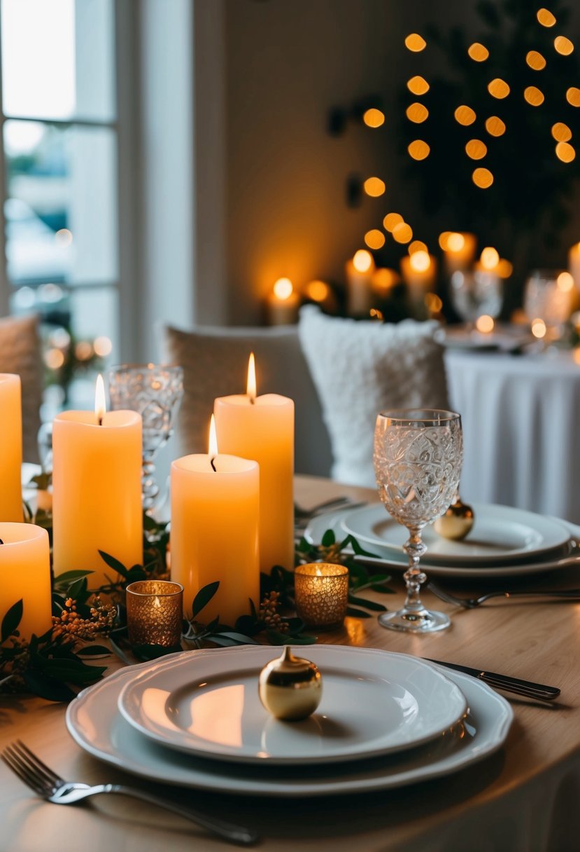 A table set for two, adorned with elegant candles creating a warm and romantic atmosphere