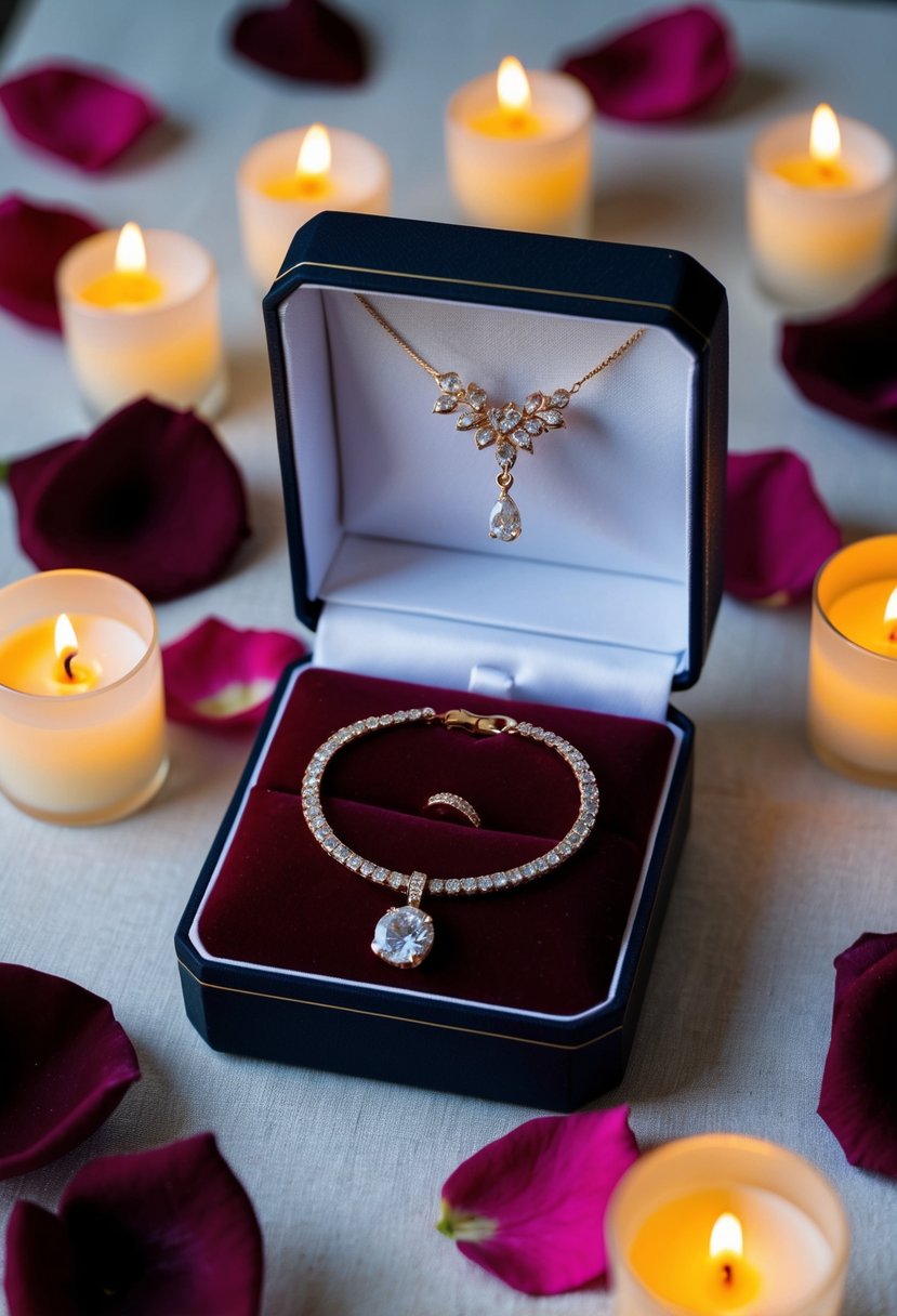 A jewelry box with a necklace, bracelet, and ring arranged on a velvet cushion, surrounded by soft candlelight and rose petals